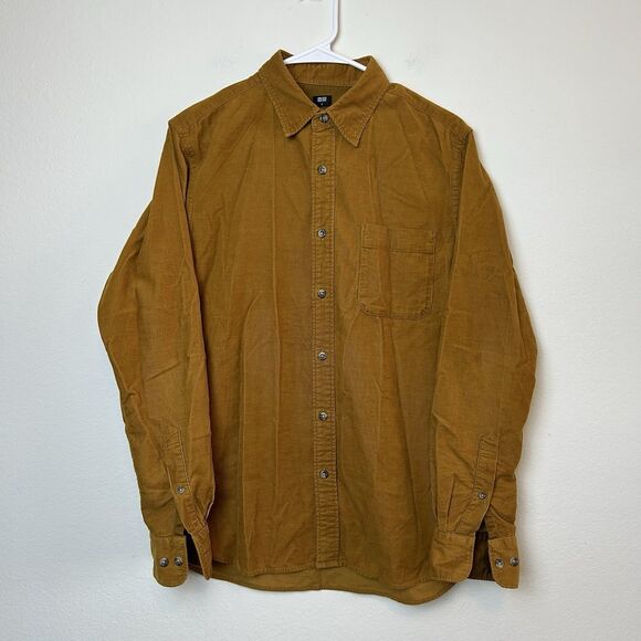 Uniqlo Corduroy Shirt Mens Small Gold Button Down Preppy Utility Chore Classic - Picture 1 of 12